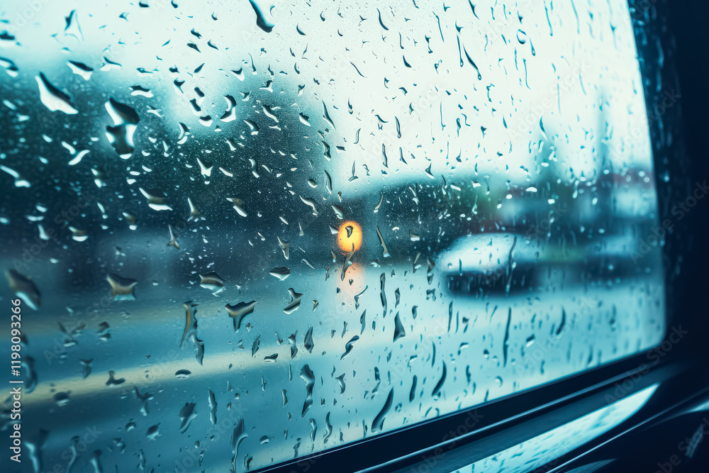 Poster car window is covered in raindrops, and a yellow light is visible in the background. concept of urge