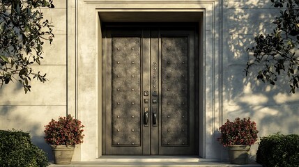 A front door with a brushed steel surface and embossed linear patterns 