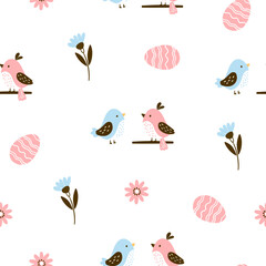 Easter pattern with different characters and other elements. Easter bunny, chicks, eggs and flowers, sheep, basket with eggs. Vector illustration.