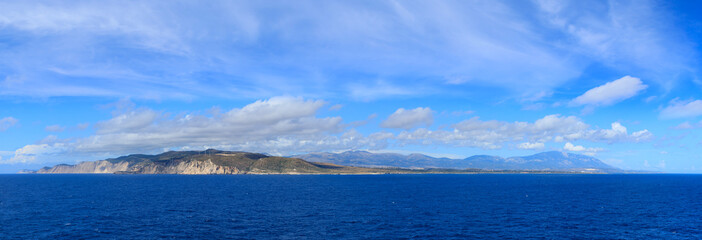 View of Kefalonia Island from sea, Greece.