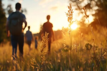 People walking in a sunlit field during sunset with tall grass swaying gently