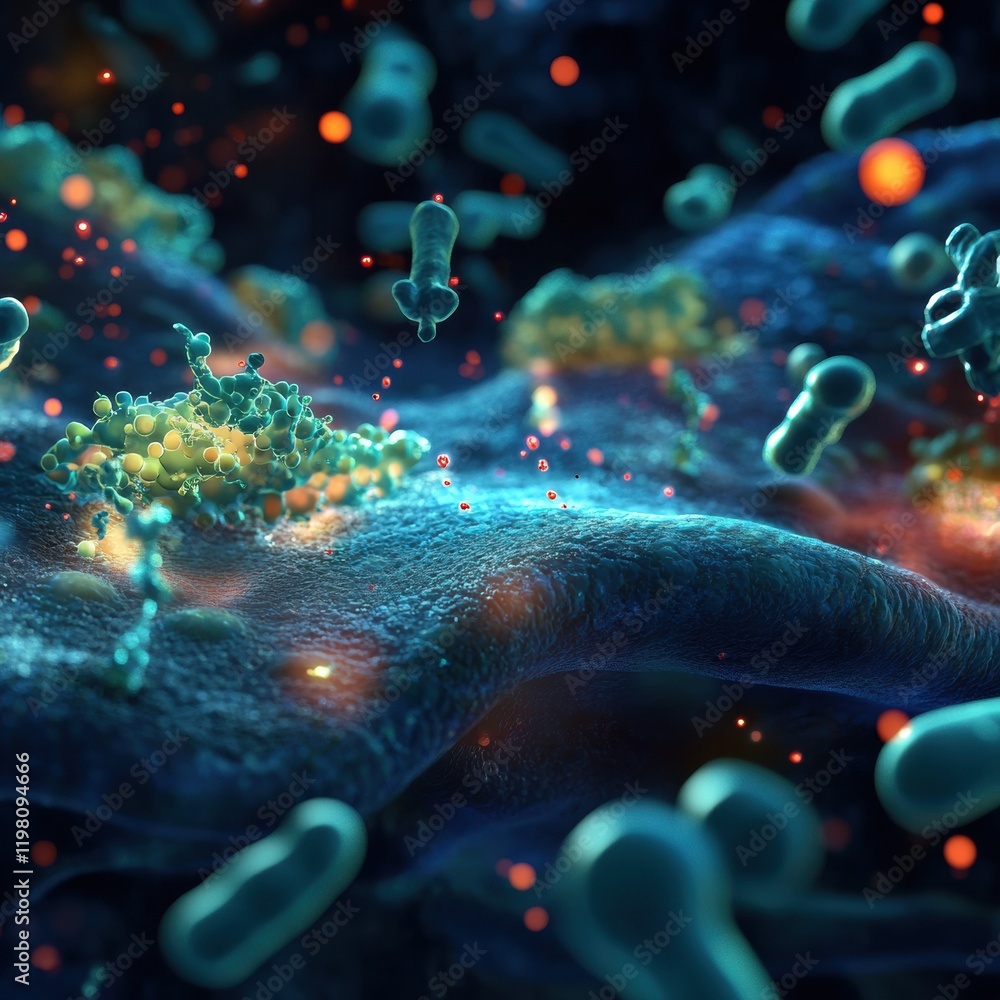 Poster exploring molecular interactions within microbial ecosystems at the microscopic level. generative ai