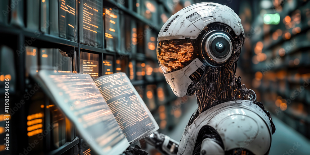 Poster ai robot analyzing digital content in virtual library for automated file management