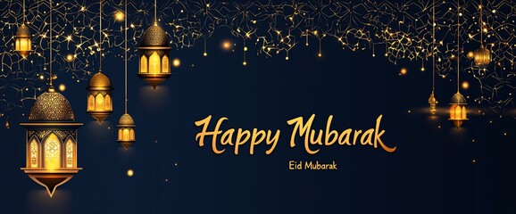 Elegant Eid Mubarak greeting with golden lanterns and sparkling lights.