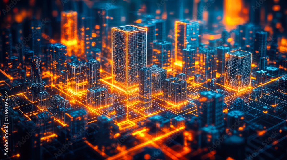 Poster futuristic digital cityscape illustrating advanced communication and data networks