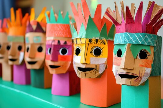 Colorful handmade cardboard masks representing diverse cultures standing on green surface