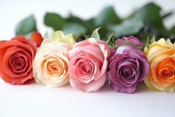 Naklejka premium Five Colorful Roses Lying on a White Surface