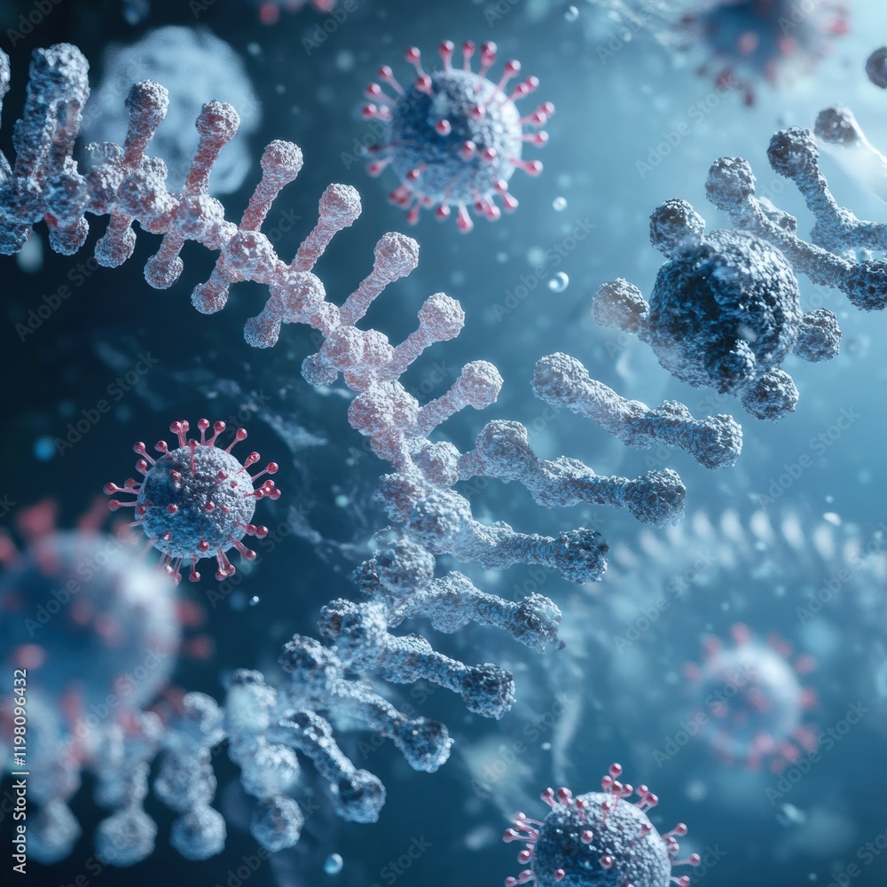 Poster close up view of a molecular rna chain surrounded by various viruses in a biological environment. ge