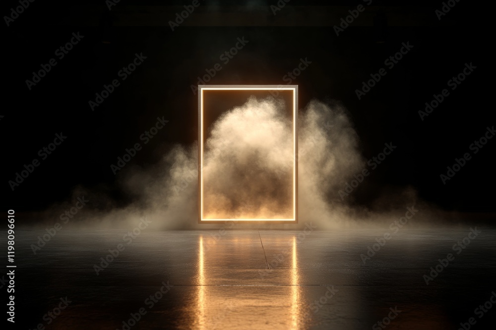 Poster illuminated rectangular frame surrounded by mist creating a surreal atmosphere in a dark environment