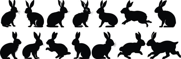 Rabbit silhouettes set, animal pack of vector silhouette design, isolated background
