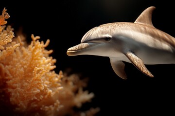 Dolphin swimming gracefully near vibrant coral in deep ocean waters during daylight