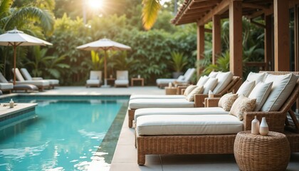 Obraz premium Luxury outdoor pool area with white cushion loungers, woven tables, and green plants, creating a relaxing, peaceful atmosphere with sun-drenched light and outdoor serenity.