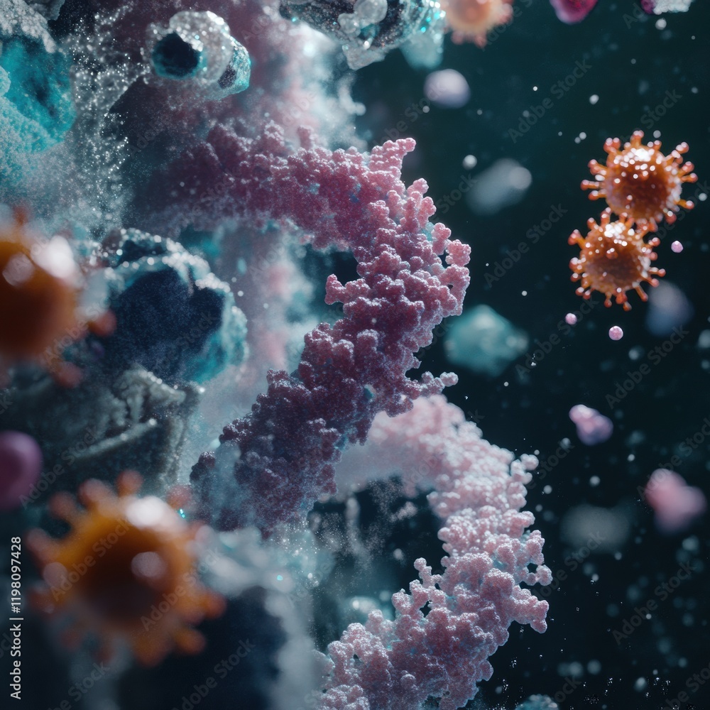 Aufkleber close up view of molecular rna chain surrounded by various viruses in a vibrant microscopic environm