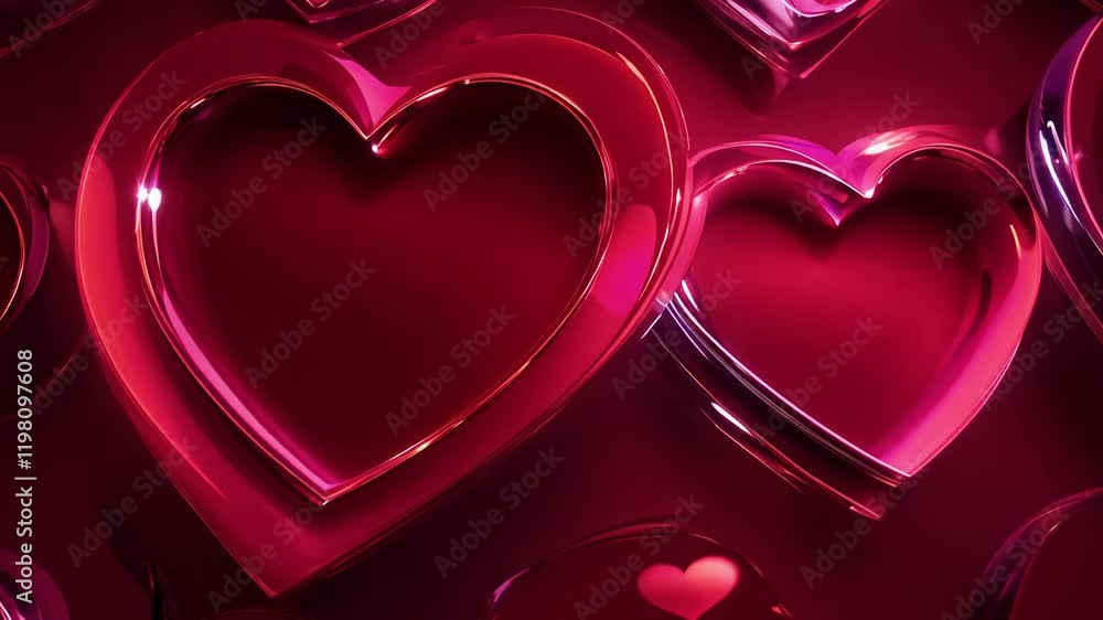 Poster Side light, pan right video of red heart icons with linear patterns and a glossy finish arranged in a symmetrical pattern on a deep red background