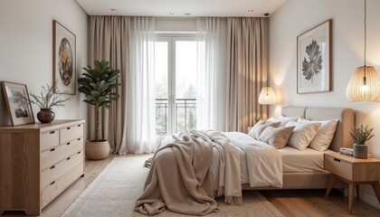 Bright bedroom featuring a double bed with white bedding, a beige throw, a wooden nightstand, a large wooden dresser, lush greenery, and sunlight streaming through large windows with neutral curtains.