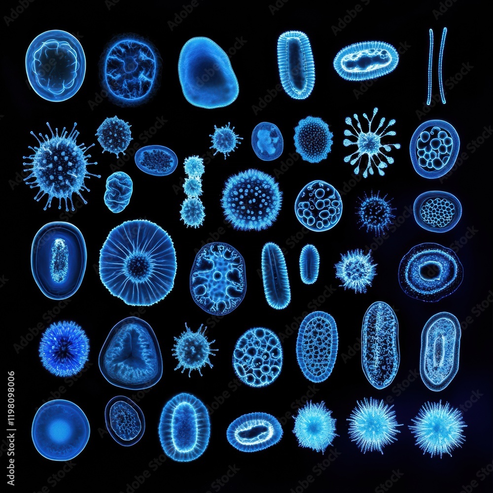 Poster sequence of evolving bacteria showcasing diversity and adaptation in various shapes and sizes under 