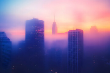 Foggy urban skyline with sunset hues over tall buildings for a serene view