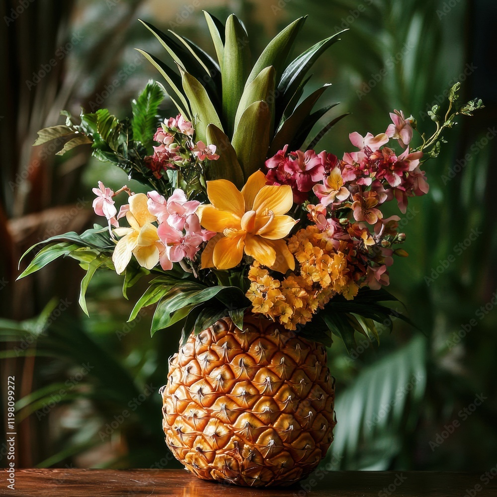 Aufkleber bright and colorful pineapple centerpiece adorned with vibrant flowers placed in a tropical setting 