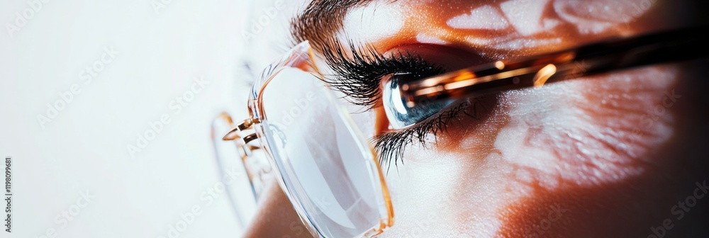 Poster close up view of a human eye wearing glasses with intricate details and vibrant colors captured in b