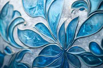 Frosted window with intricate blue ice patterns, set against a wintery background, creating a festive atmosphere
