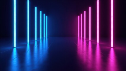 Neon light columns illuminate a dark reflective floor