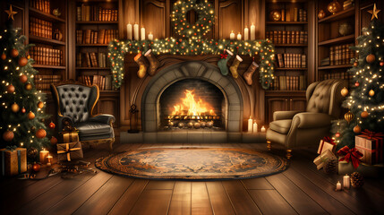 Obraz premium A cozy living room beautifully decorated for Christmas, featuring a warm, inviting fireplace and a beautifully adorned Christmas tree standing proudly