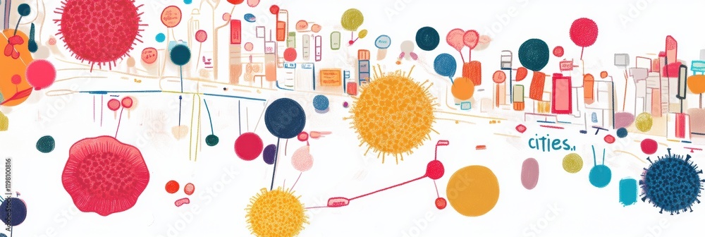 Aufkleber Colorful map featuring playful bacteria colonies labeled as cities showcases a vibrant and imaginative representation of microbiology. Generative AI