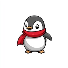 Obraz premium A cartoon penguin with a red scarf stands on a white background, good for children's books