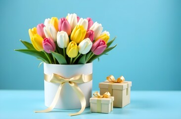 A bouquet of multi-colored tulips in a white gift box with a bow on a blue background with space for text. Festive spring flowers and gifts. Floristic studio. Postcard for Women's Day.