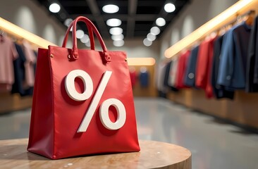 Sale in a clothing store. Red bag with the image of percentage and discounts on the background of a boutique. Discounts in the shopping center. Banner with place for text.