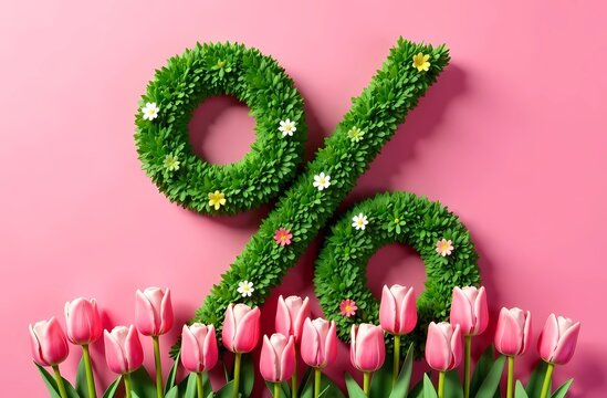 Percentage sign made of flowers, tulips, greenery and grass on a pink background. Spring discounts on a pink background. Spring sale. Green percent sign. Summer discounts.