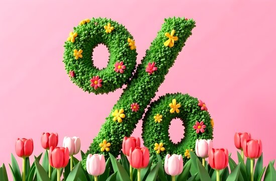 Percentage sign made of flowers, tulips, greenery and grass on a pink background. Spring discounts on a pink background. Spring sale. Green percent sign. Summer discounts.