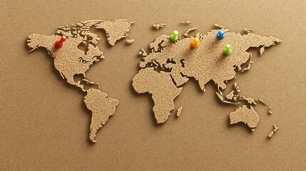 A detailed world map pinned to a corkboard with colorful pushpins marking locations 