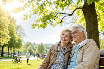 Fototapeta premium older couple sitting together on a cozy park bench, smiling warmly
