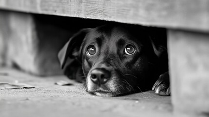 A black dog is looking into a hole. The dog appears to be sad or scared. The image has a moody and somber feel to it