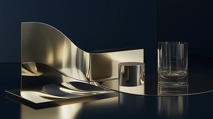 Gold product display, glass, dark studio, reflection, advertising