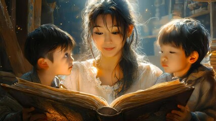 A serene scene of a young Asian mother reading a book to her two attentive children in a cozy setting.