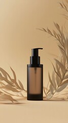 A dark amber cosmetic bottle sits among beige leaves
