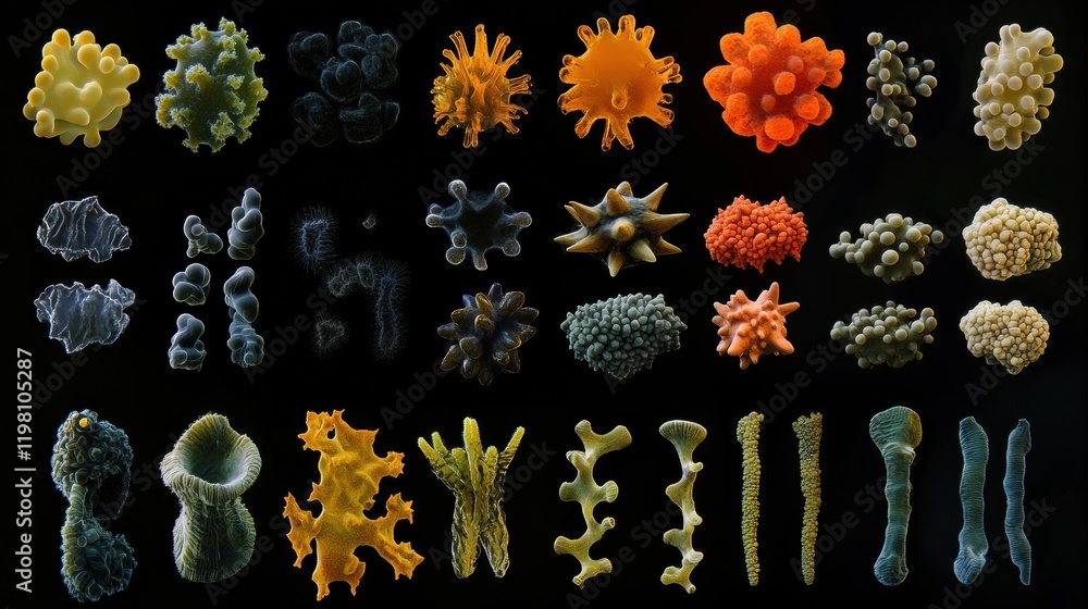 Poster sequence of evolving bacteria showcasing diverse shapes and structures over time in a laboratory set