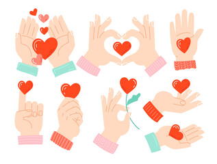 Set of hands with hearts in doodle style. Manifestation of love, friendship, charity and donation. Flat vector illustration isolated on white background. Elements for sticker pack, banner, card. 

