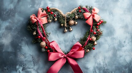 A decorative heart-shaped wreath with ribbons and small bells 