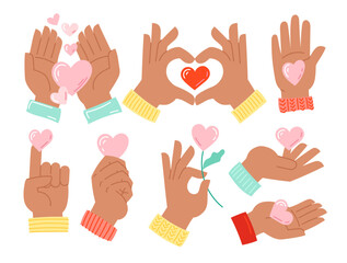Set of dark skin hands with hearts in doodle style. Manifestation of love, friendship, charity and donation. Vector illustration isolated on white background. Elements for sticker pack, banner, card.