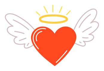 Heart with wings and nimbus symbol of affection, relationship, romantic. Hand drawn, line illustration for prints, valentine's day cards. Isolated vector illustration. Edillustration. Editable stroke.