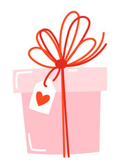 Gift box with tag with heart illustration in cartoone style. Design of a greeting card for Valentine's Day, mother's day, women's day. Perfect for, banner, card, postcard, cover. Editable stroke.