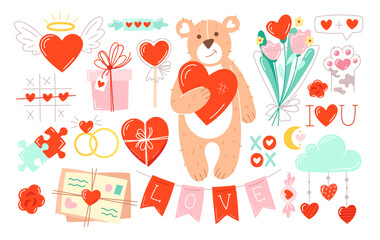 Set of romantic elements, love envelope, hearts, symbols of love, gifts, flowers. Cartoon stickers for St. Valentine's Day on February 14. Isolated vector illustrations. Editable stroke.