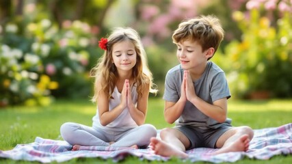 Two young children practicing mindfulness and meditation in a green park, showcasing themes of relaxation