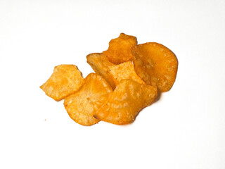 Crispy golden-brown chips placed on a clean white background, perfect as a snack or side dish.


