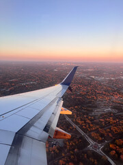 View out plane window of fall trees