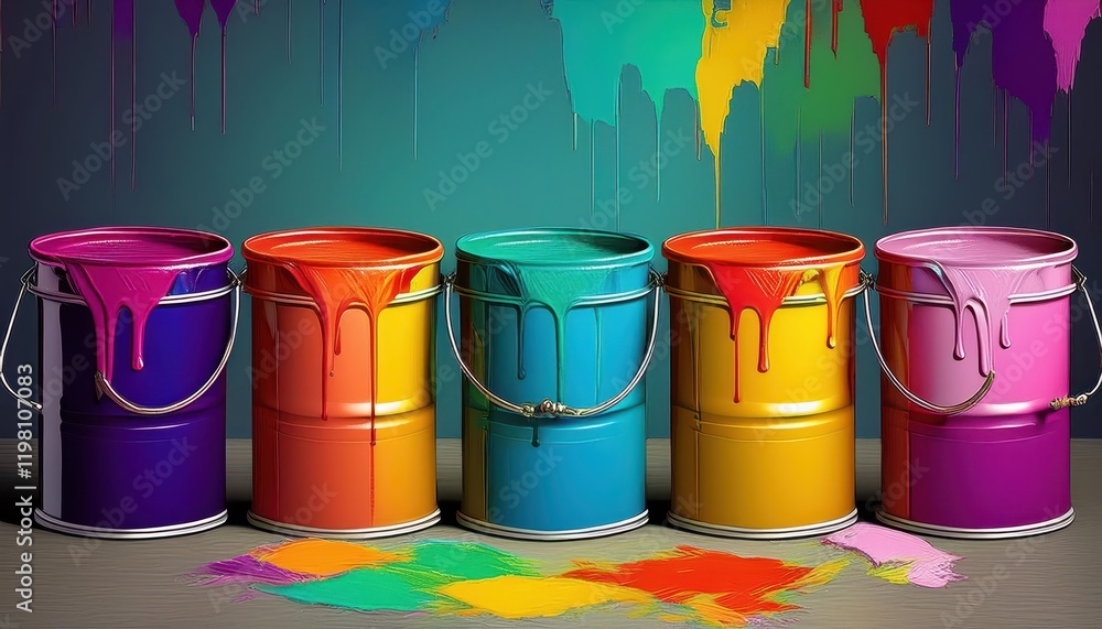 Poster stacks of paint buckets organized neatly in a workspace, showcasing rich colors and textures in prep