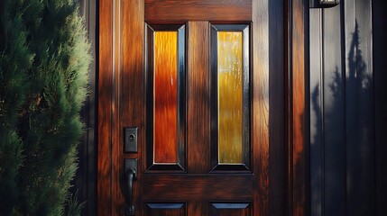 A dark wood front door with a vertical stripe of colorful stained glass 